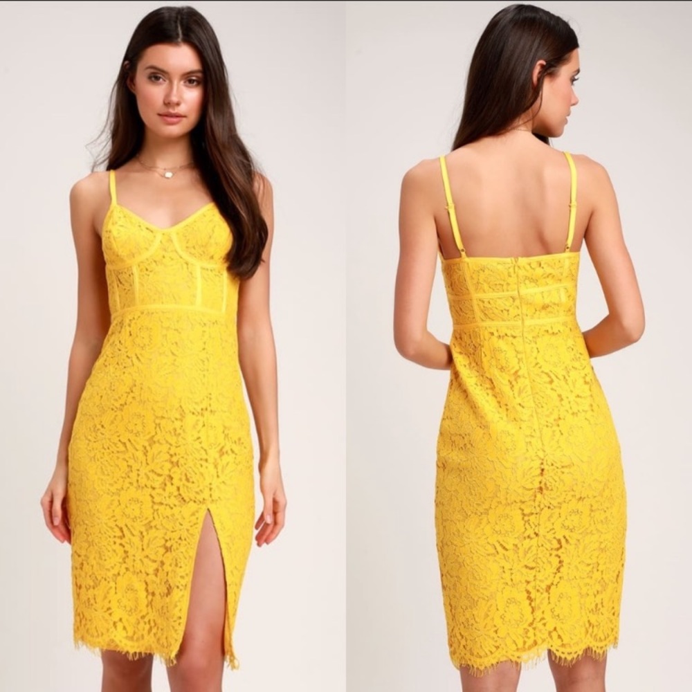 Lulu’s love me right yellow lace bodycon dress